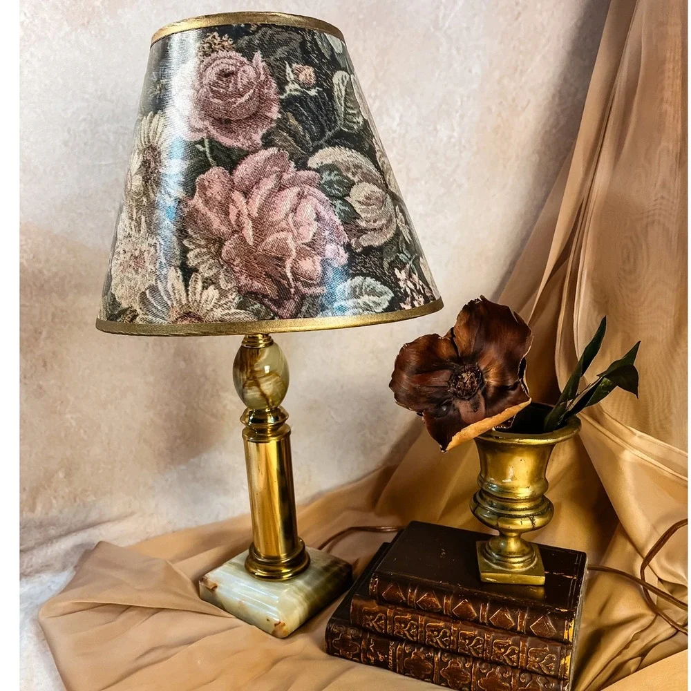 Green Onyx and Brass Table Lamp with Floral Shade